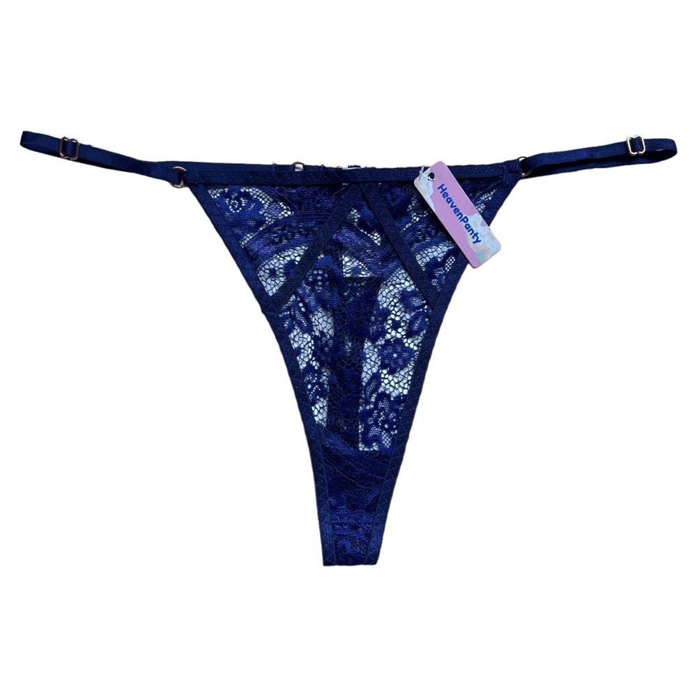 Heaven Panty Large L Lace G-String Thong in Blue, Adjustable, Rose Gold Hardware